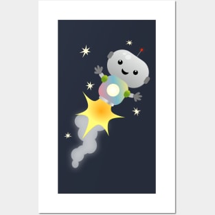 Cute robot flying in space cartoon illustration Posters and Art